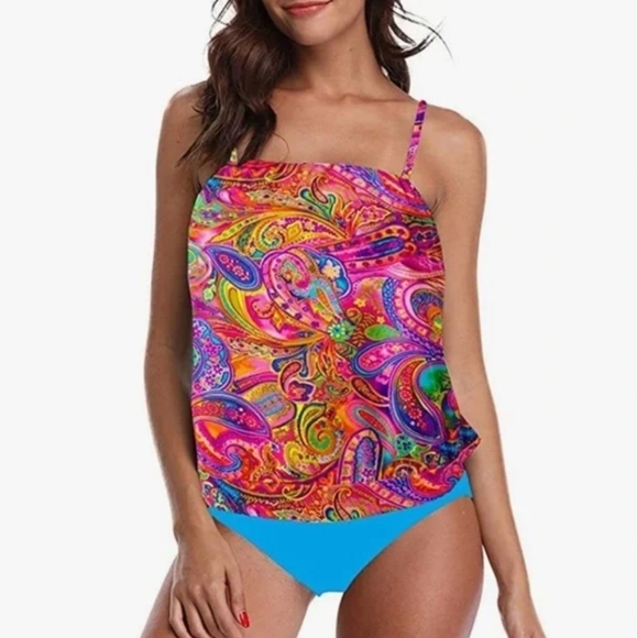 Chenghe Bandeau Blouson Tankini Top High Waisted Bottom Paisley Print Set Size M - Picture 1 of 13